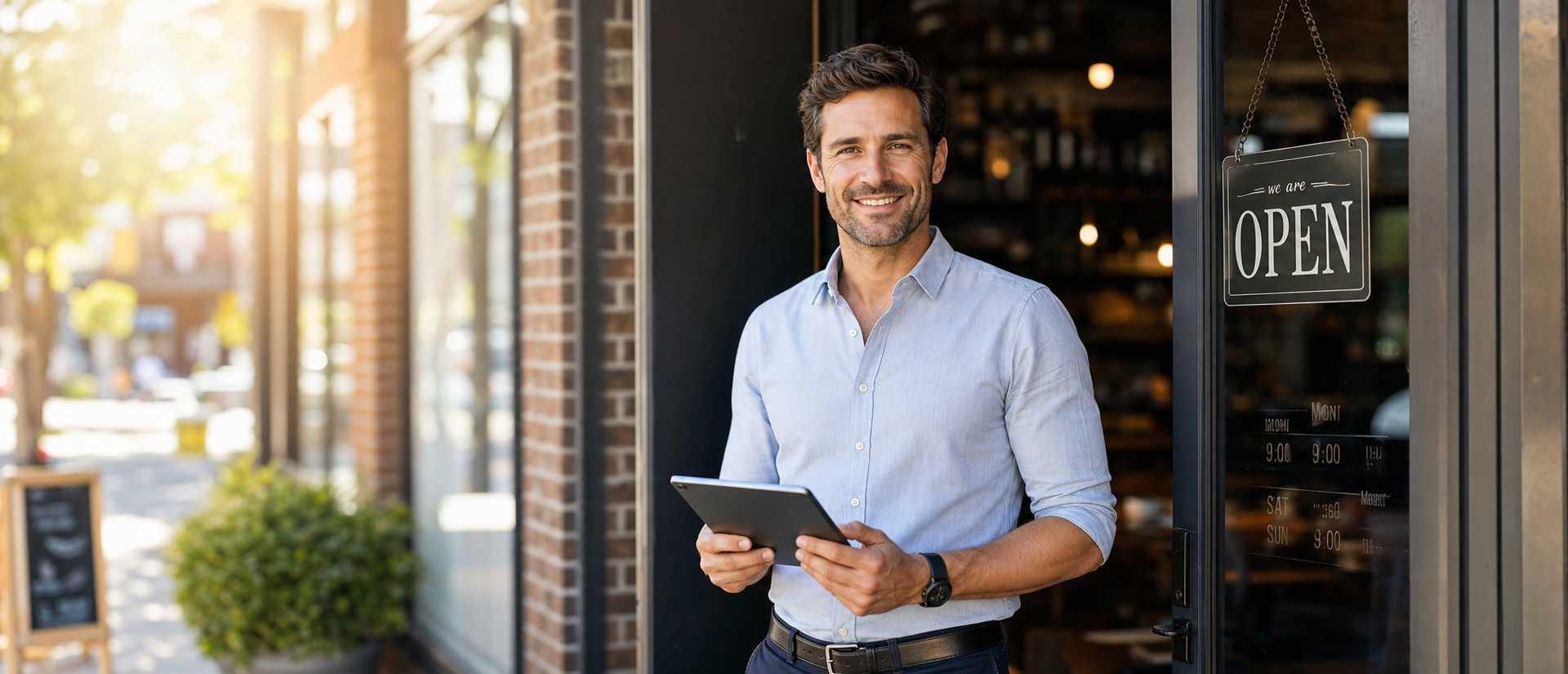 Business owner at a storefront entrance before opening, representing the first workflow review moment.